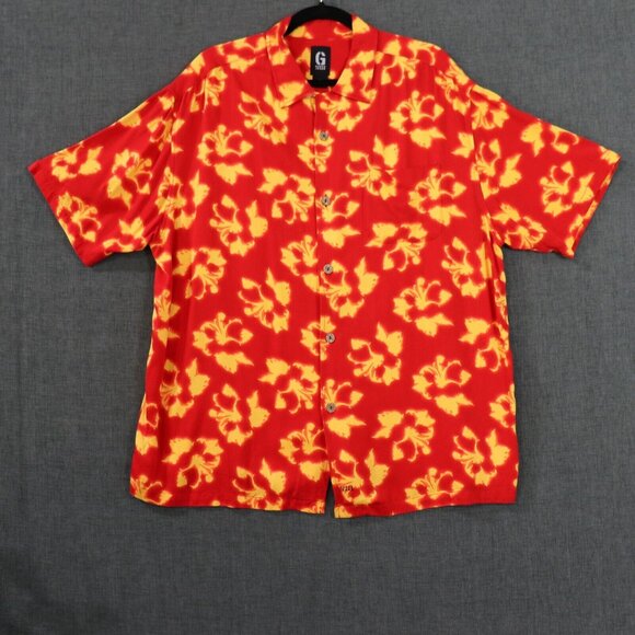 GUESS Other - Guess Jeans Aloha Camp Shirt Mens XL Hawaiian Abstract Tiki Retro Neon Red